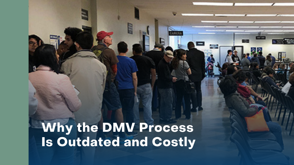 Crowded DMV office showing long lines, delays, and outdated registration processes.