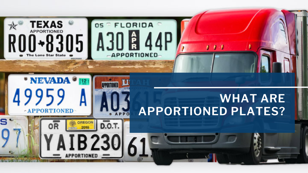Semi-truck crossing state lines with apportioned plates for interstate trucking operations.